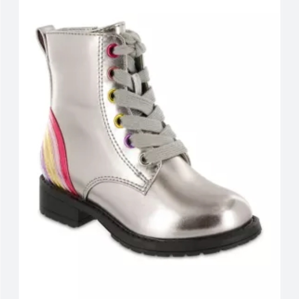 🌈 MIA Kids Padma Girls silverPatent Combat Boots with Rainbow Accent size 3